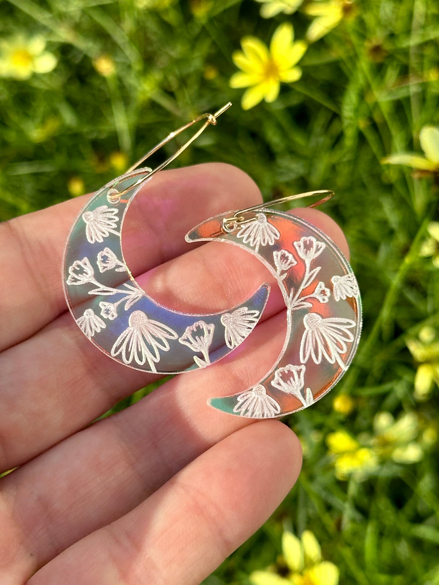 Iridescent Wildflower Moon Hoop Earrings