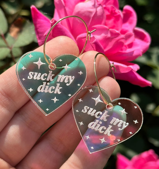 Iridescent Suck My Dick Heart Hoop Earrings