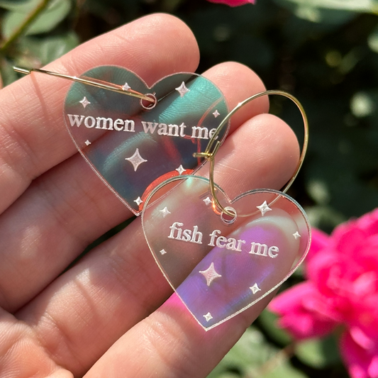 Iridescent Women Want Me Fish Fear Me Heart Hoop Earrings