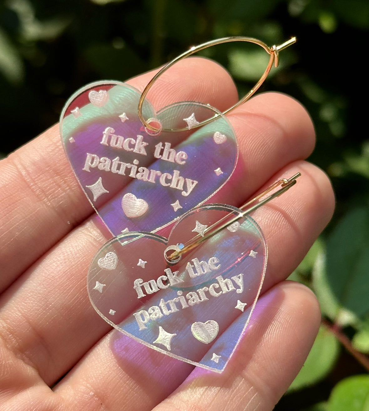 Iridescent Fuck The Patriarchy Heart Hoop Earrings