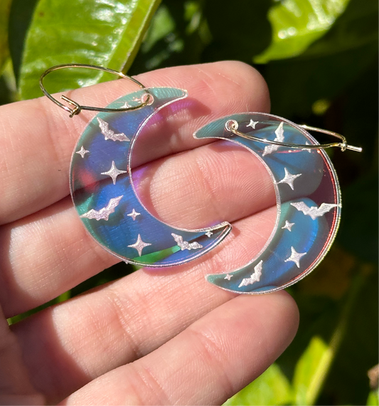 Iridescent Bat Halloween Moon Hoop Earrings