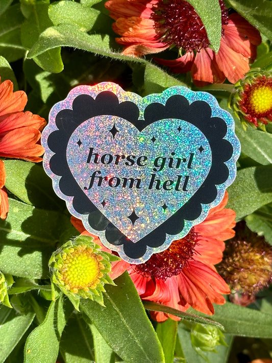 Horse Girl From Hell Scalloped Glittery Heart Sticker