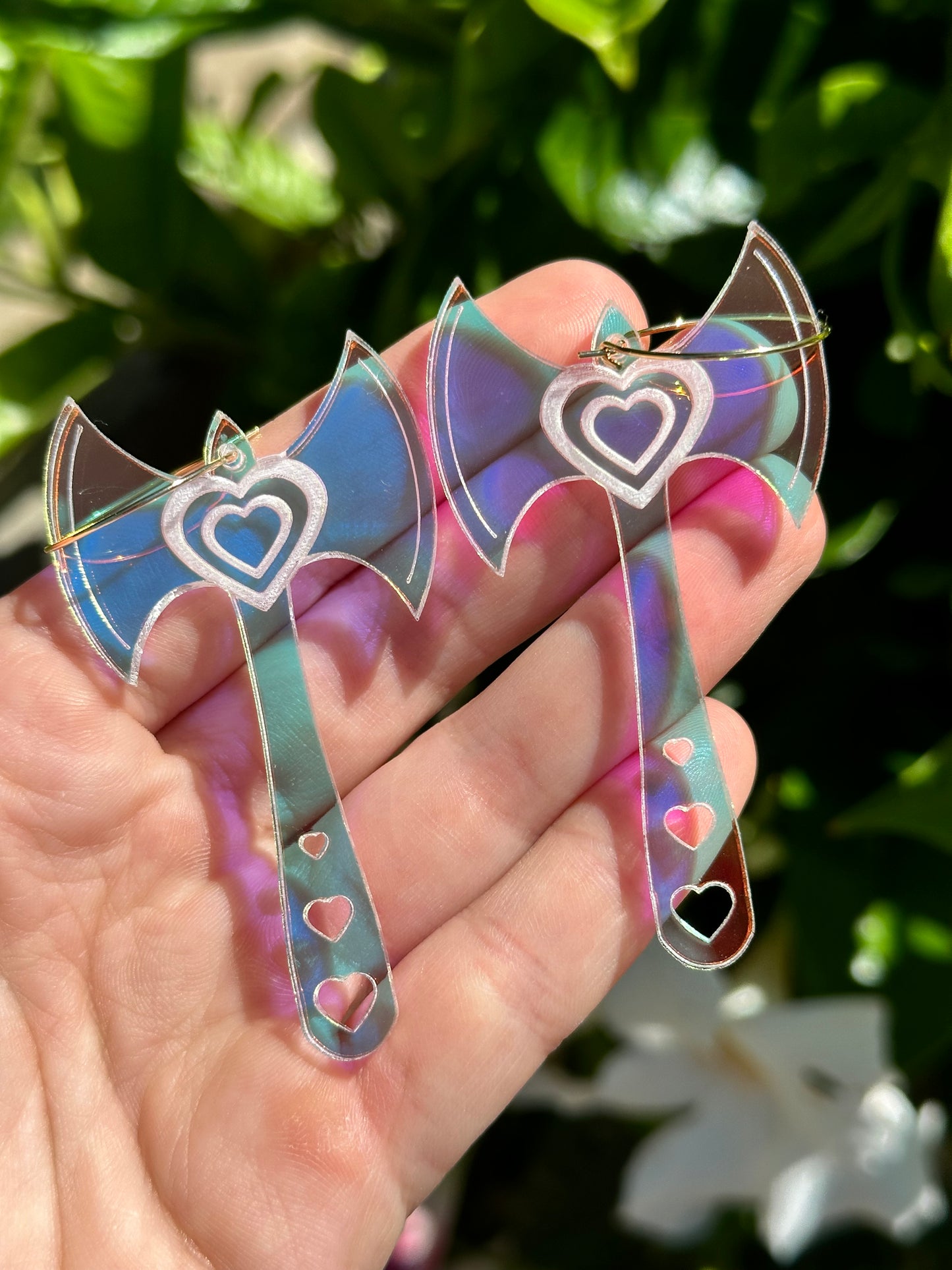 Iridescent Double Heart Axe Earrings