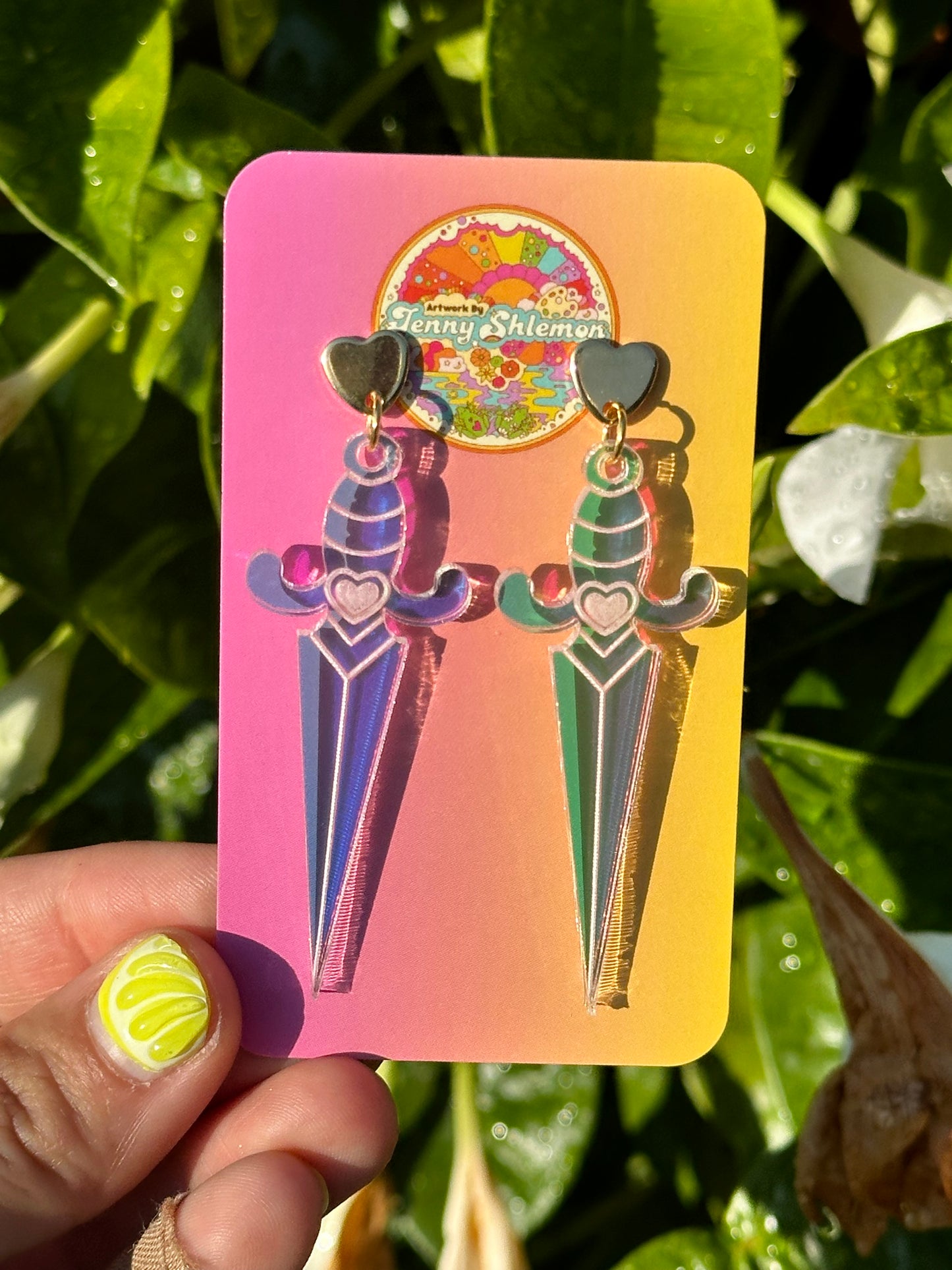 Valentines Iridescent Spicy Heart Dagger Earrings