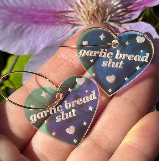 Iridescent Garlic Bread Slut Heart Hoop Earrings