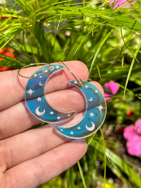 Iridescent Celestial Moon Hoop Earrings