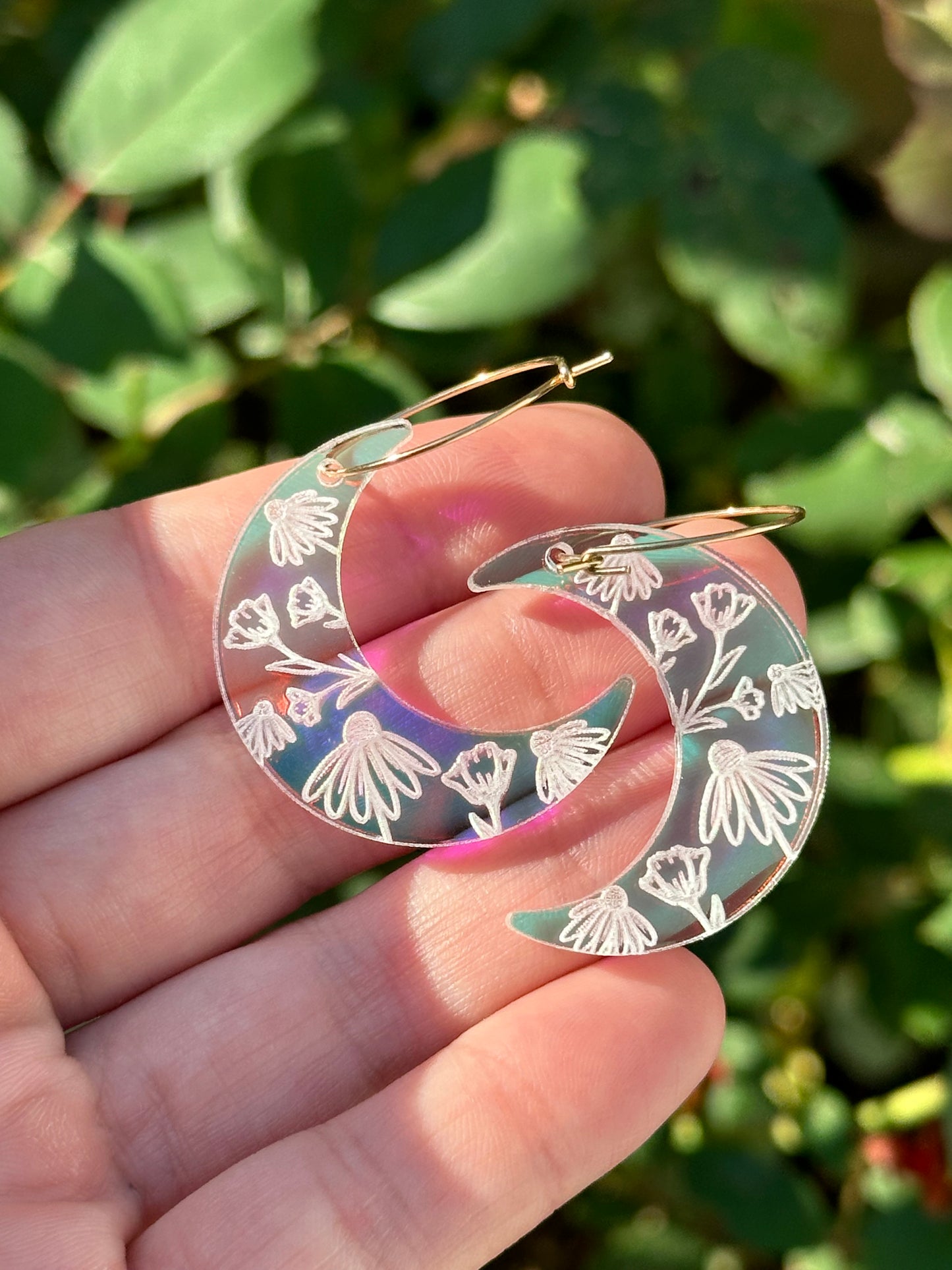 Iridescent Wildflower Moon Hoop Earrings