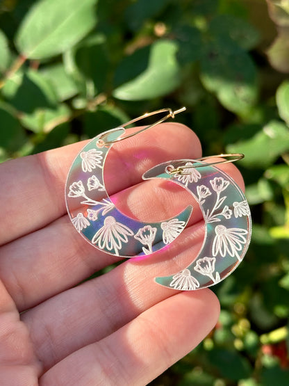 Iridescent Wildflower Moon Hoop Earrings