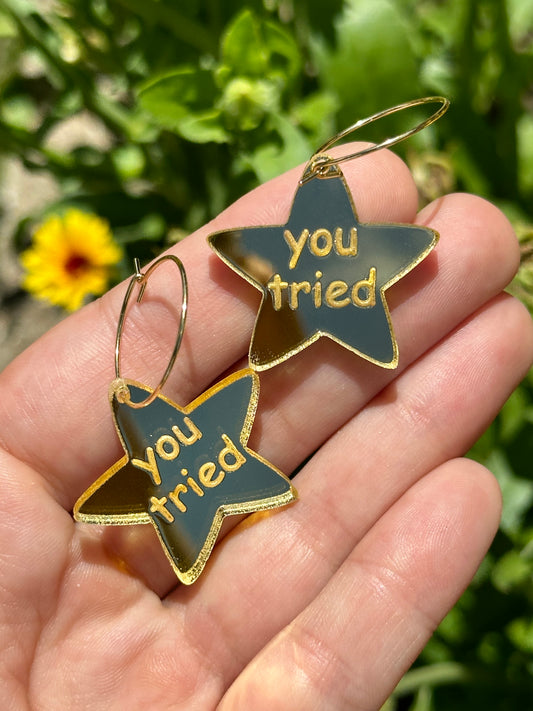 You Tried Gold Acrylic Star Hoop Earrings