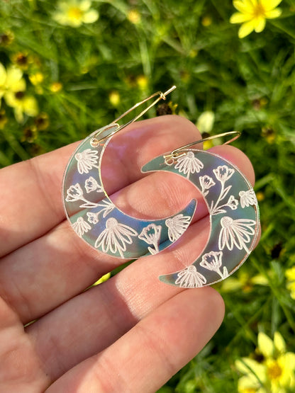 Iridescent Wildflower Moon Hoop Earrings