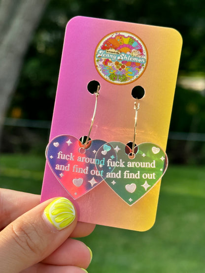 Iridescent Fuck Around & Find Out Heart Hoop Earrings