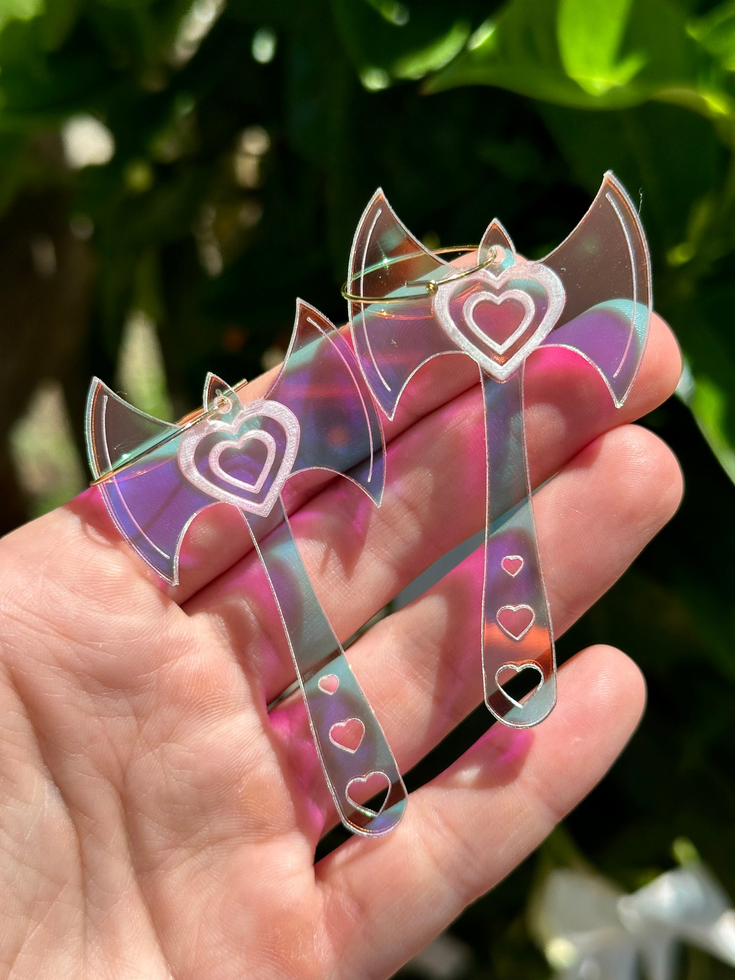 Iridescent Double Heart Axe Earrings