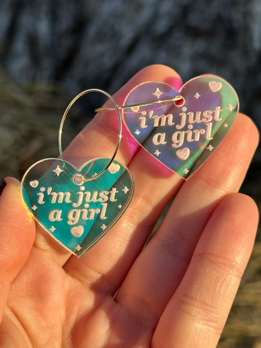 Iridescent I’m Just A Girl Heart Hoop Earrings