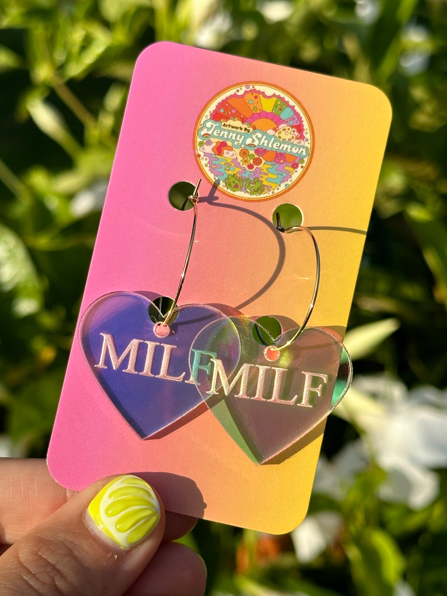 Iridescent MILF Heart Hoop Earrings