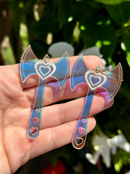 Iridescent Double Heart Axe Earrings