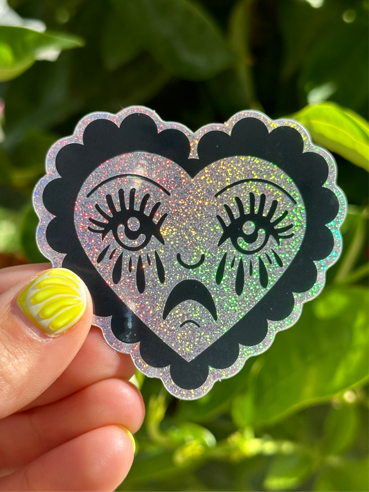 Crying Heart Scalloped Glittery Heart Sticker