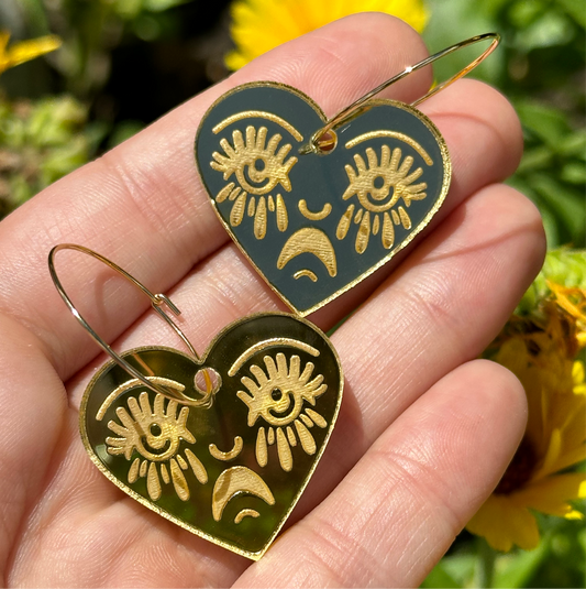 Gold Mirror Acrylic Crying Heart Hoop Earrings