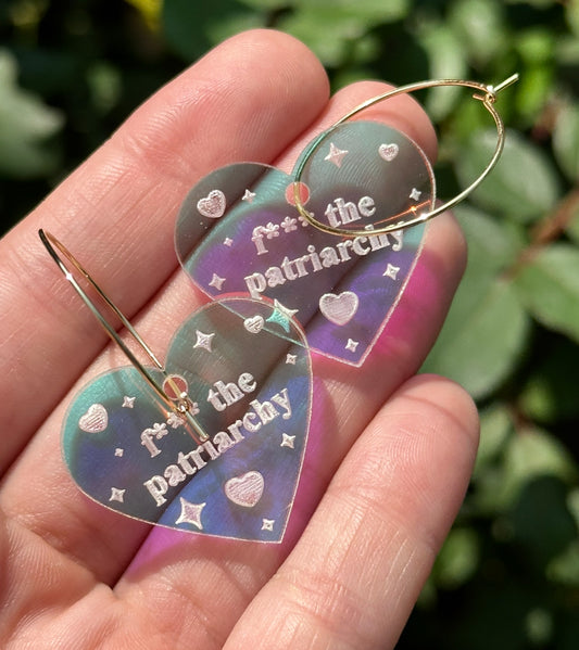 Iridescent Fuck The Patriarchy Heart Hoop Earrings - CENSORED SFW