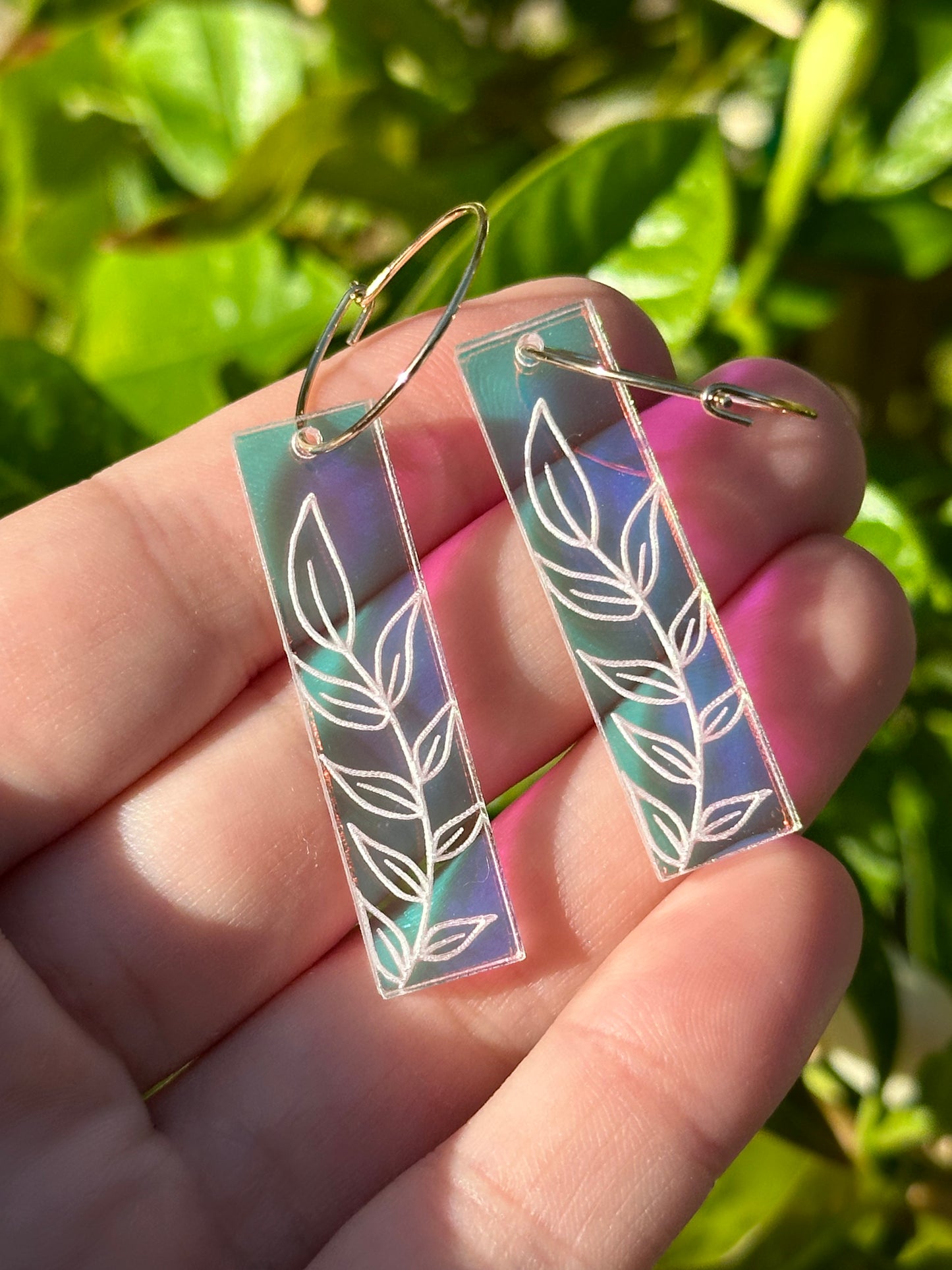 Iridescent Leafy Rectangle Hoop Earrings