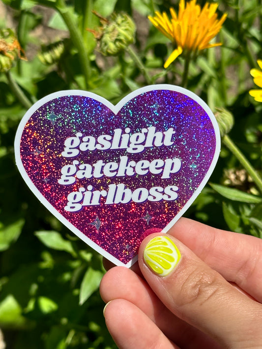 Gaslight Gatekeep Girlboss Pink/Purple Glittery Heart Sticker