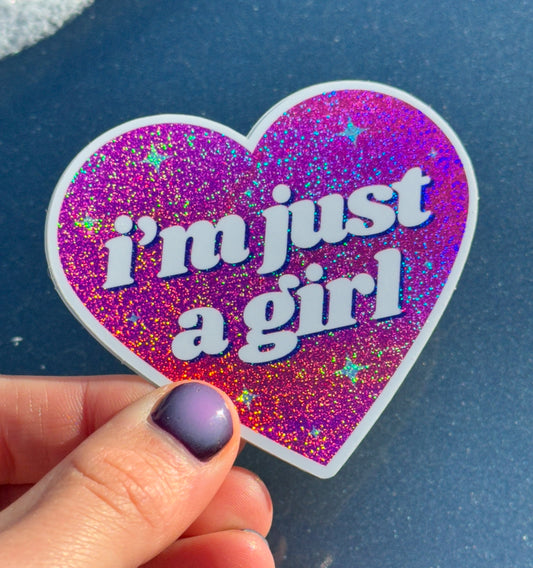 I'm Just A Girl Pink Glittery Heart Sticker