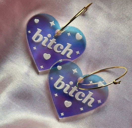 Iridescent Bitch Heart Hoop Earrings