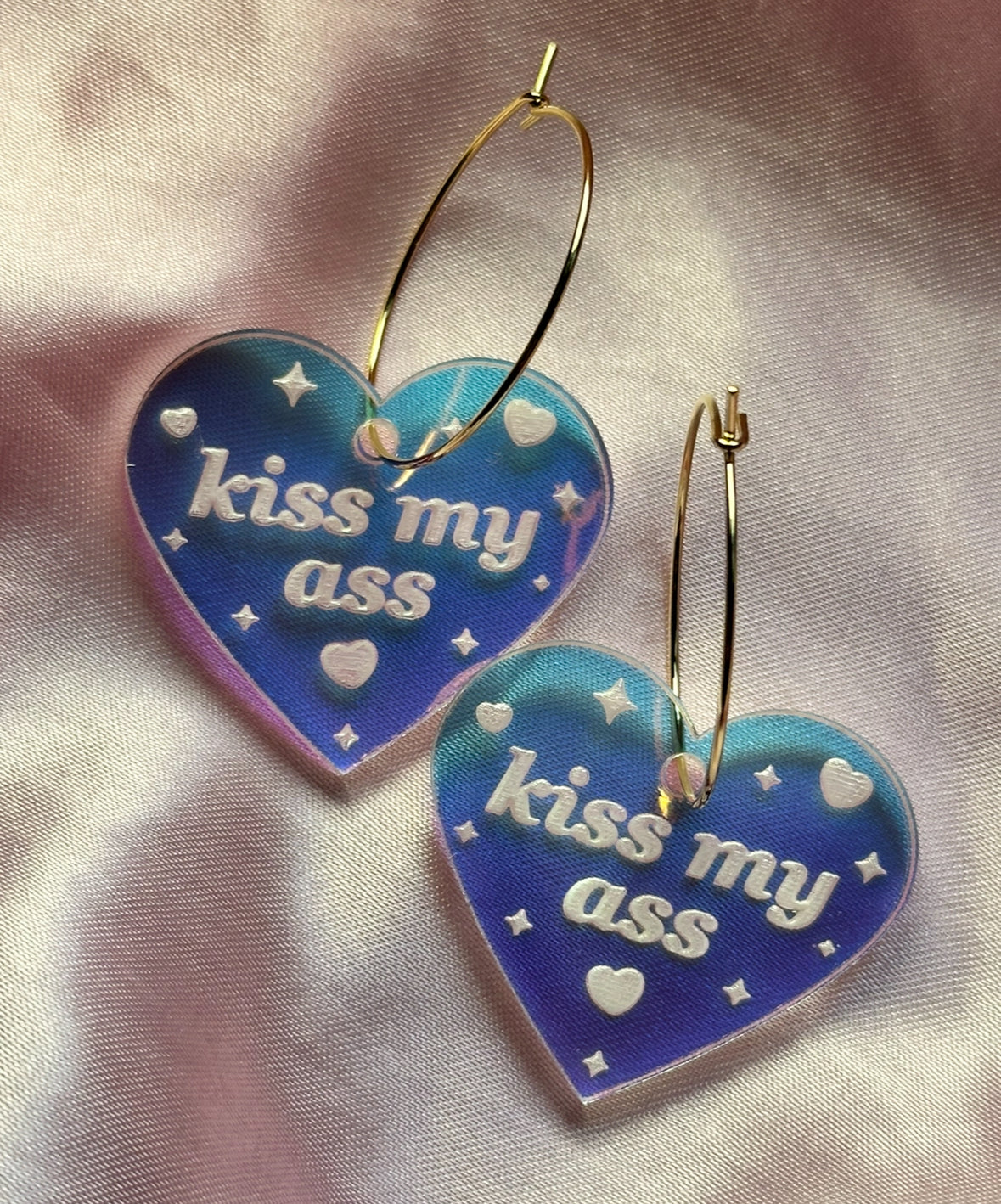 Iridescent Kiss My Ass Heart Hoop Earrings