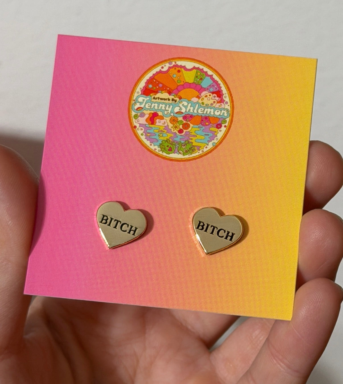 Golden Enamel Bitch Heart Stud Earring