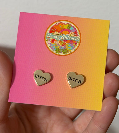 Golden Enamel Bitch Heart Stud Earring