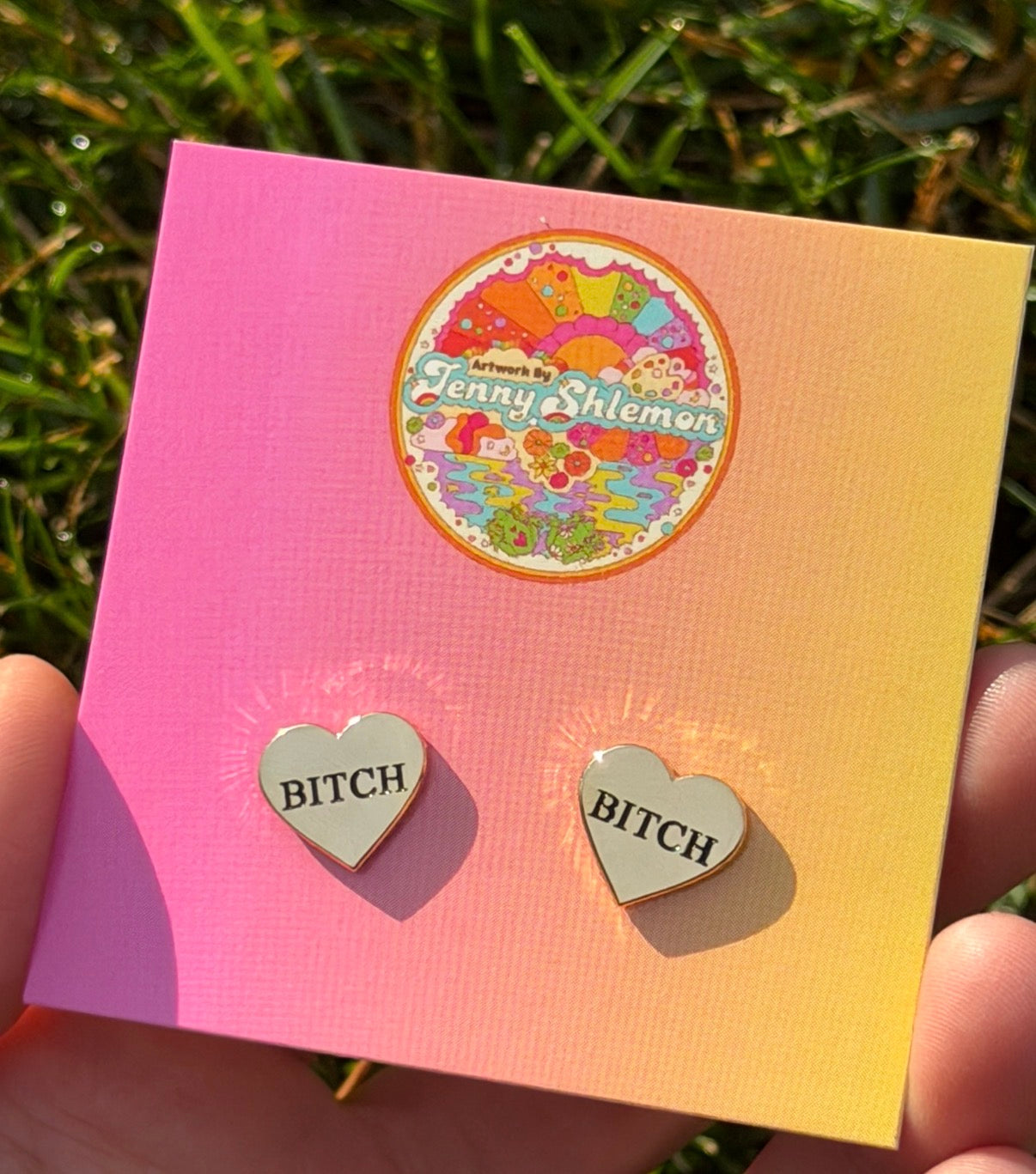 Golden Enamel Bitch Heart Stud Earring