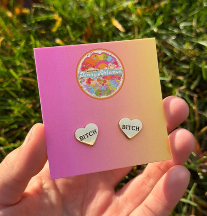 Golden Enamel Bitch Heart Stud Earring