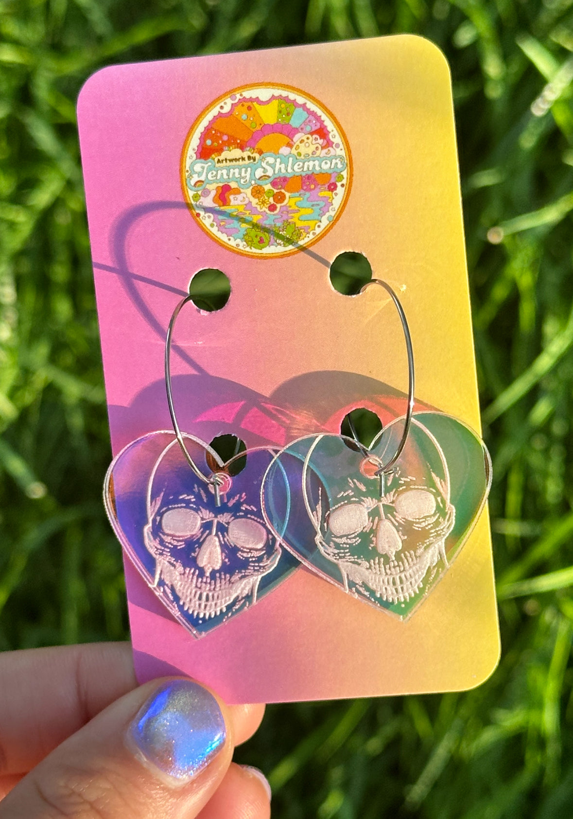 Iridescent Skull Head Heart Hoop Earrings