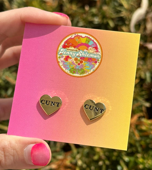 Golden Enamel Cunt Heart Stud Earring