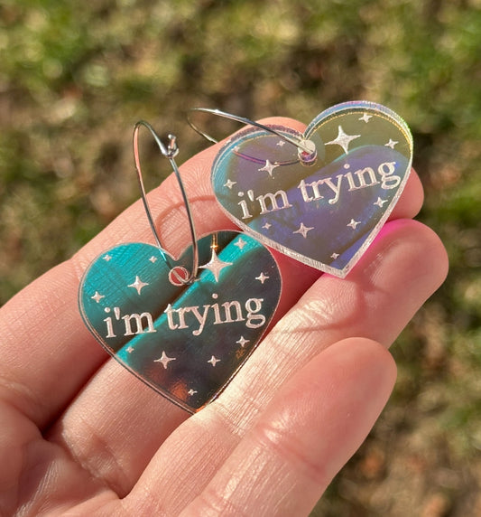 Iridescent I’m Trying Heart Hoop Earrings