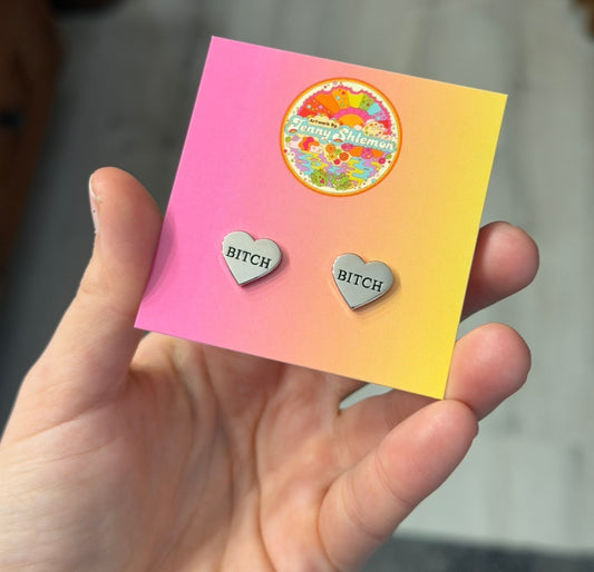 Silver Enamel Bitch Heart Stud Earring