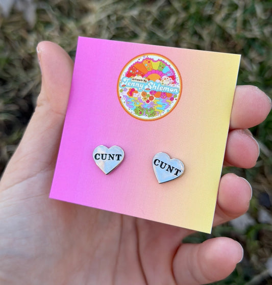 Silver Enamel Cunt Heart Stud Earring