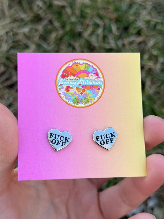 Silver Enamel Fuck Off Heart Stud Earring