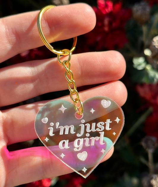 I'm Just A Girl Iridescent Heart Acrylic Keychain