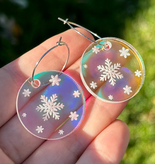 Iridescent Snowflake Circle Christmas Earrings