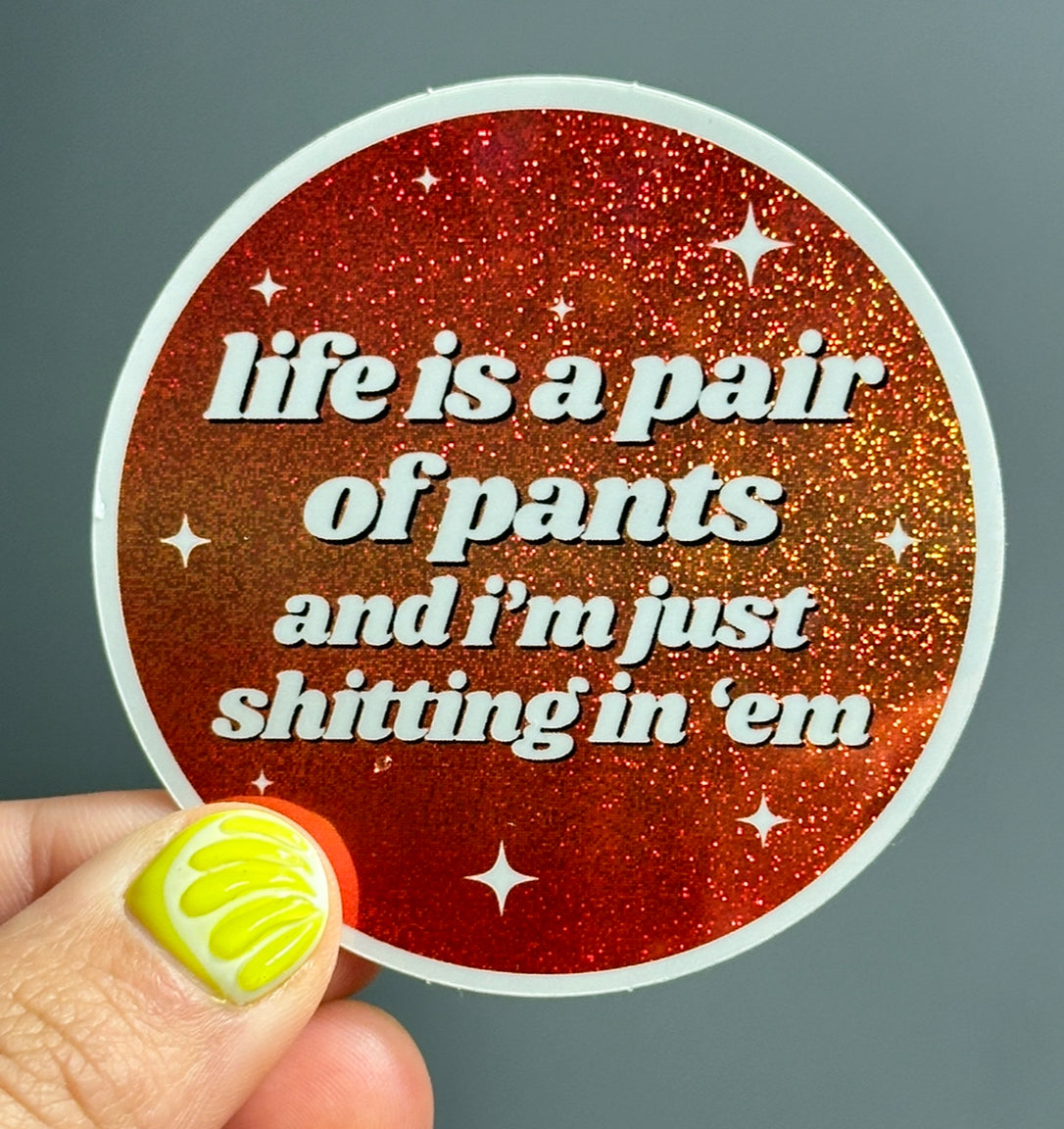 Life Is A Pair Of Pants & I'm Just Shitting In 'Em Glittery Circle Sticker