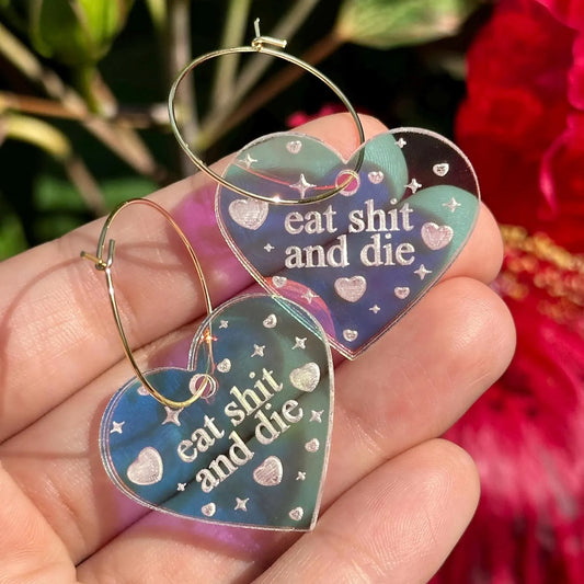 Iridescent Eat Shit And Die Heart Hoop Earrings