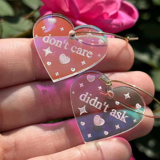 Iridescent Don’t Care Didn’t Ask Heart Hoop Earrings