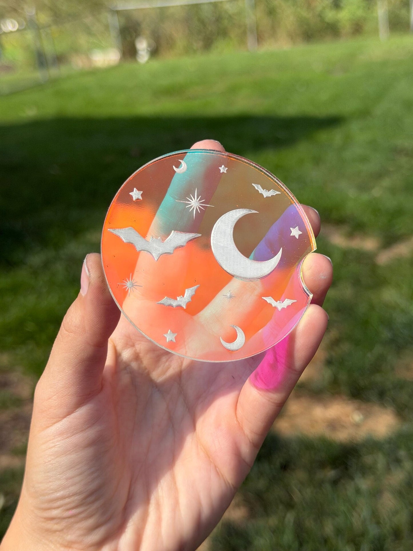 Individual Celestial Bat Halloween 3 Inch Iridescent Car Coaster