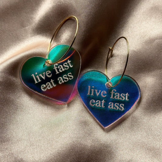 Iridescent Live Fast Eat Ass Heart Hoop Earrings