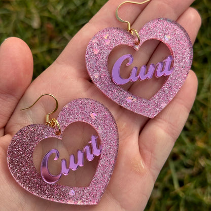 Pink Sparkly Cunt Cut Out Heart Acrylic Earrings