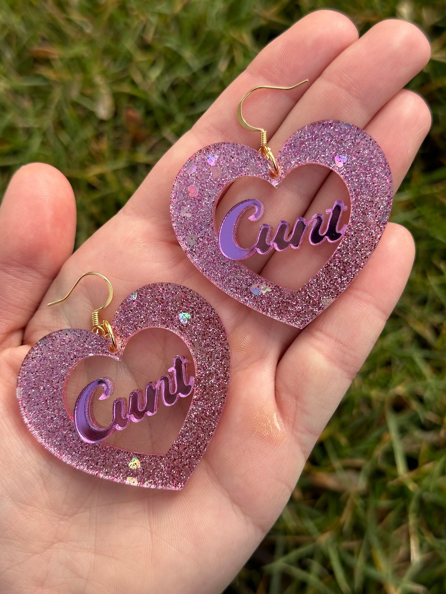 Pink Sparkly Cunt Cut Out Heart Acrylic Earrings