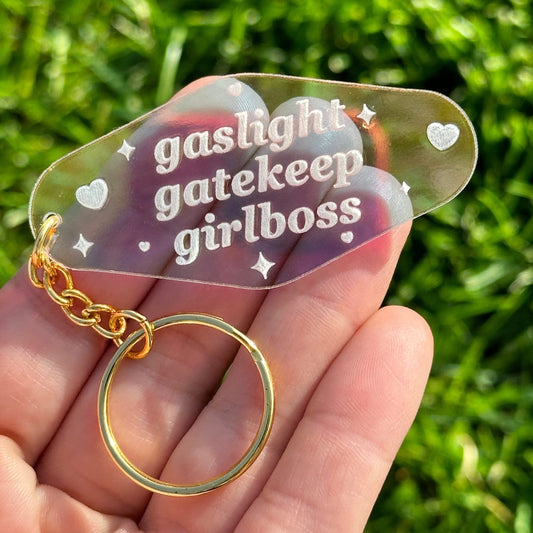 Gaslight Gatekeep Girlboss Iridescent Acrylic Motel Keychain