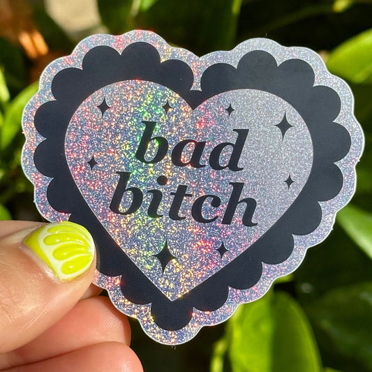 Bad Bitch Scalloped Glittery Heart Sticker