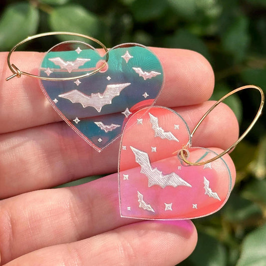 Bat Halloween Iridescent Heart Hoop Earrings