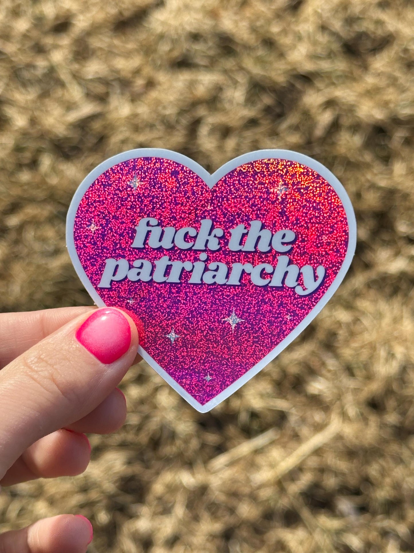 Fuck The Patriarchy Pink Glittery Heart Sticker